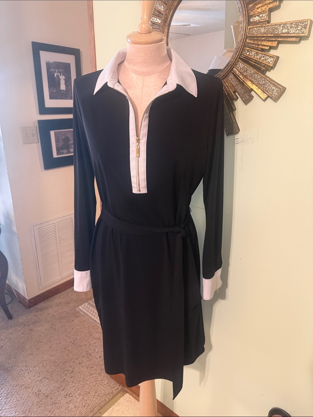 Ivanka Trump Black Long-Sleeve Shirt Dress with White Collar & Cuffs